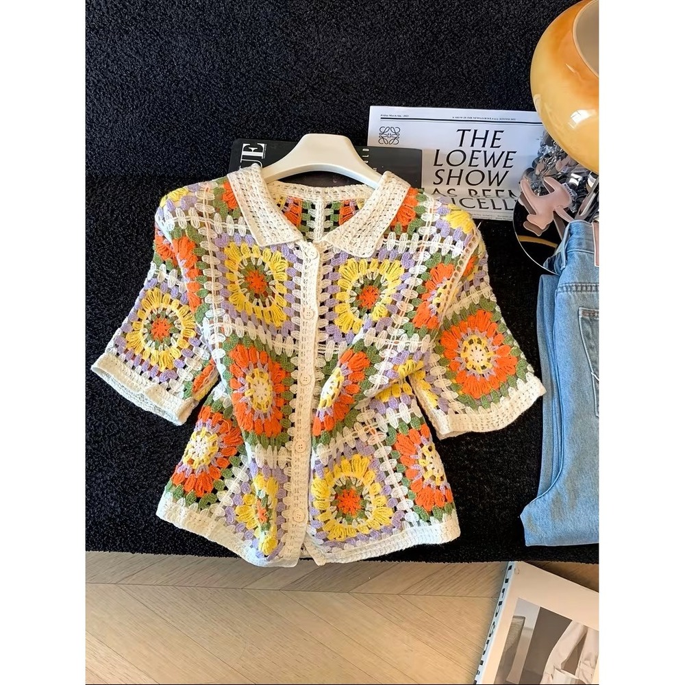Unbranded Boho Crochet Sunflower Granny Square Cardigan Short Sleeve Top NEW S/M
